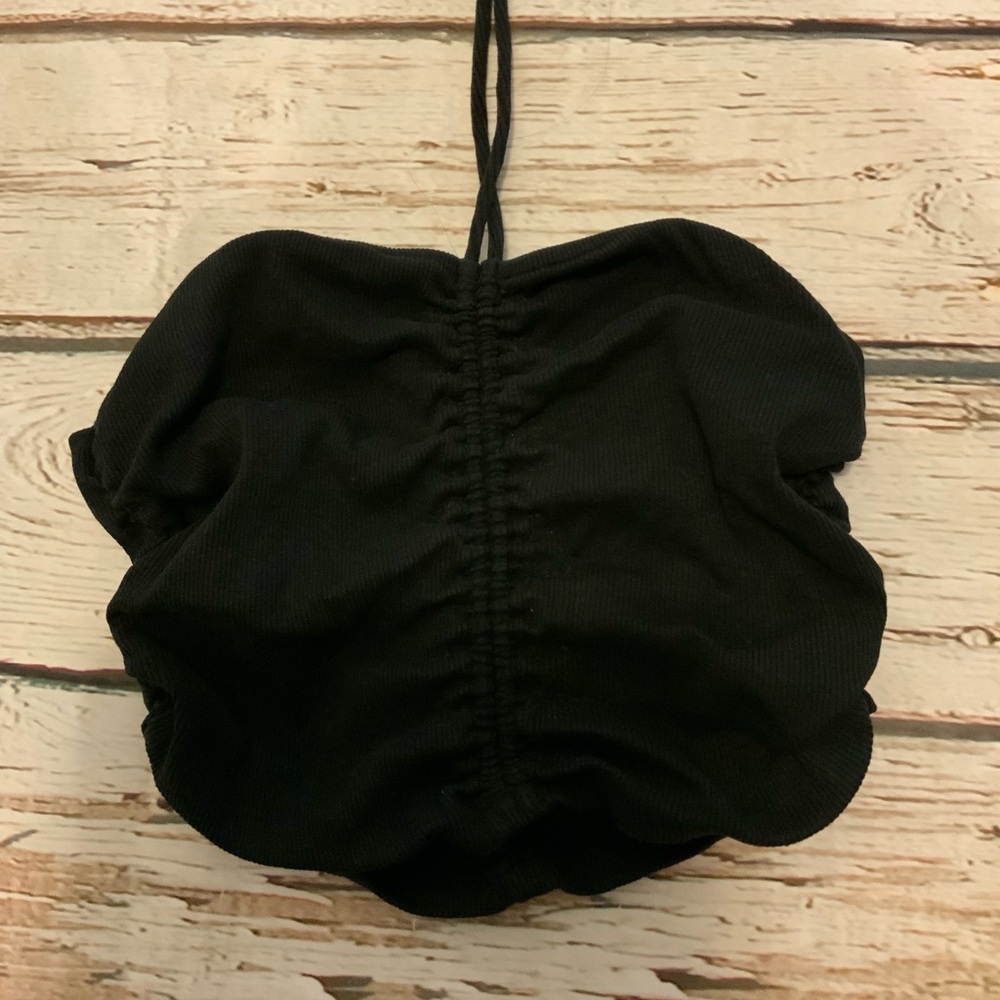 Zara Black Ruched Halter Crop Top L -‎ Clean Girl Gothic Summer Aesthetic